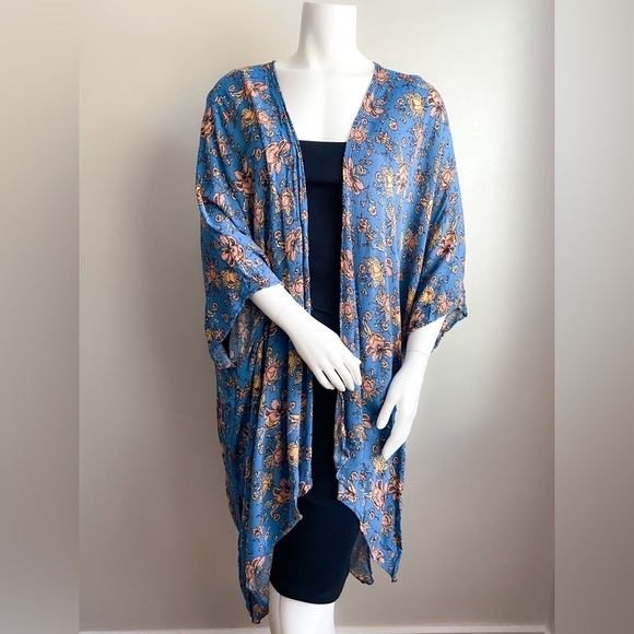 Agnes & Dora Duster Floral Blue Kimono Rayon Oversized Made in USA Boho XS / S - Picture 5 of 6